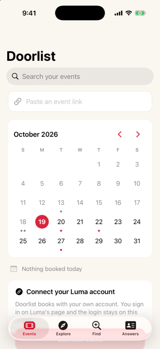 The Events tab: a month calendar with today selected and dots on booked days