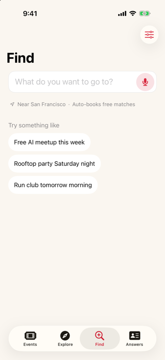 The Find screen: one text field with a microphone, a Find and book button, and example requests