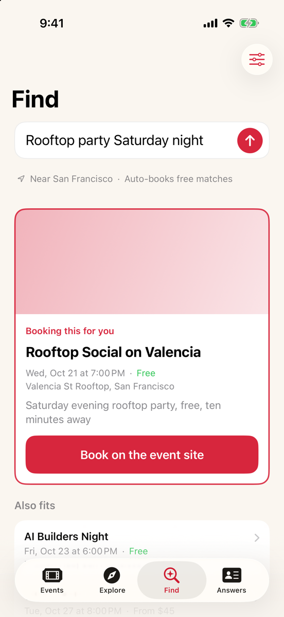 Doorlist's Find screen with the best match for a rooftop party on Wednesday night, marked as booked