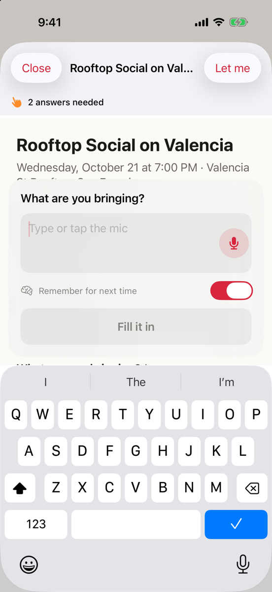 Doorlist filling an RSVP form with a saved name and phone number, asking only the new question